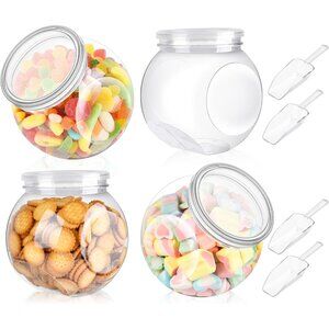 Party Time Set of 4 Plastic Rounded 47.60oz Candy Jars w/ Lids & Scoops Buffet